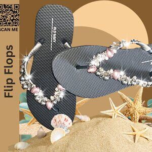 Beach Flip Flops, Pink Faux Pearls Grey Crystal Rhinestones, Wedding| Flower Gir